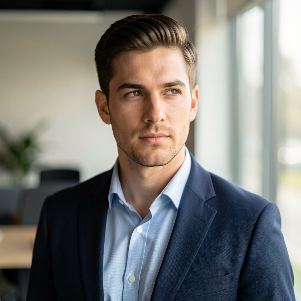 Male editorial portrait, soft natural light, thoughtful expression, editorial office setting