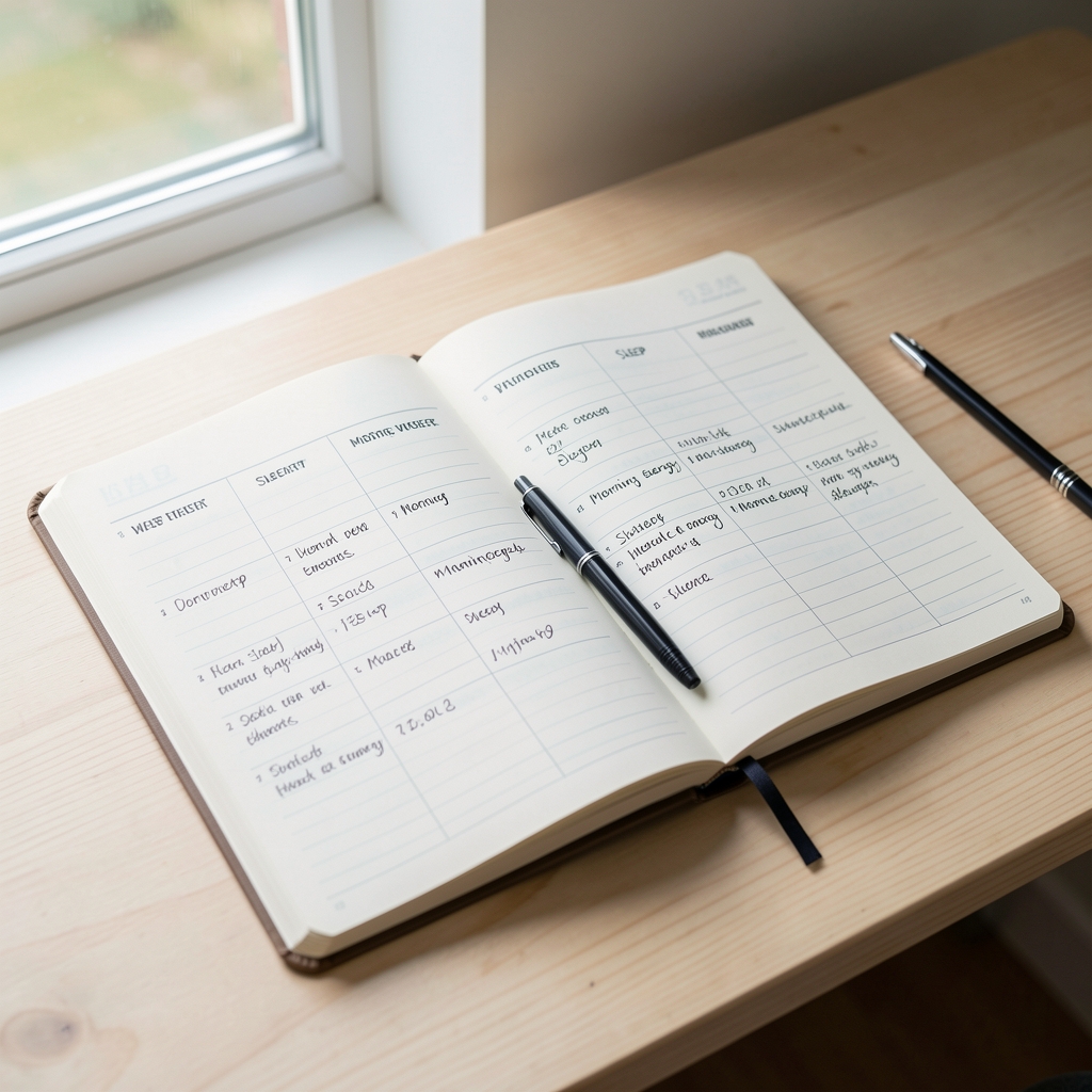 Open habit tracker journal on a pale wooden desk showing a week of sleep and morning energy ratings written in pen, natural light from a nearby window