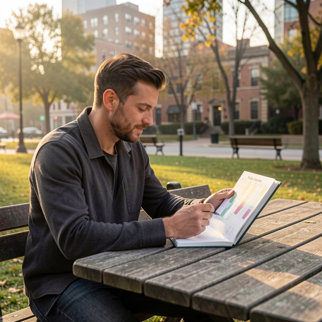 Man sitting outdoors at an urban park table reviewing a daily habit tracker notebook in early morning light