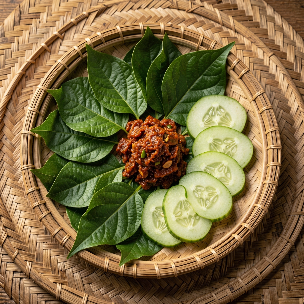Fresh ulam platter with pegaga leaves, cucumber slices and sambal belacan on a traditional Malaysian woven mat, editorial overhead food photograph