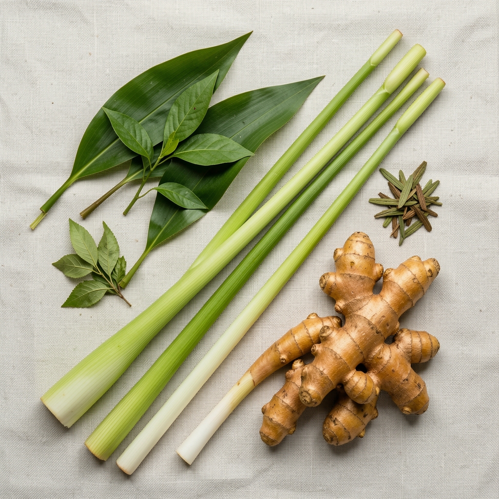Flat lay of traditional Malaysian herbs including pandan leaves, lemongrass and turmeric on a pale linen surface, editorial food photography