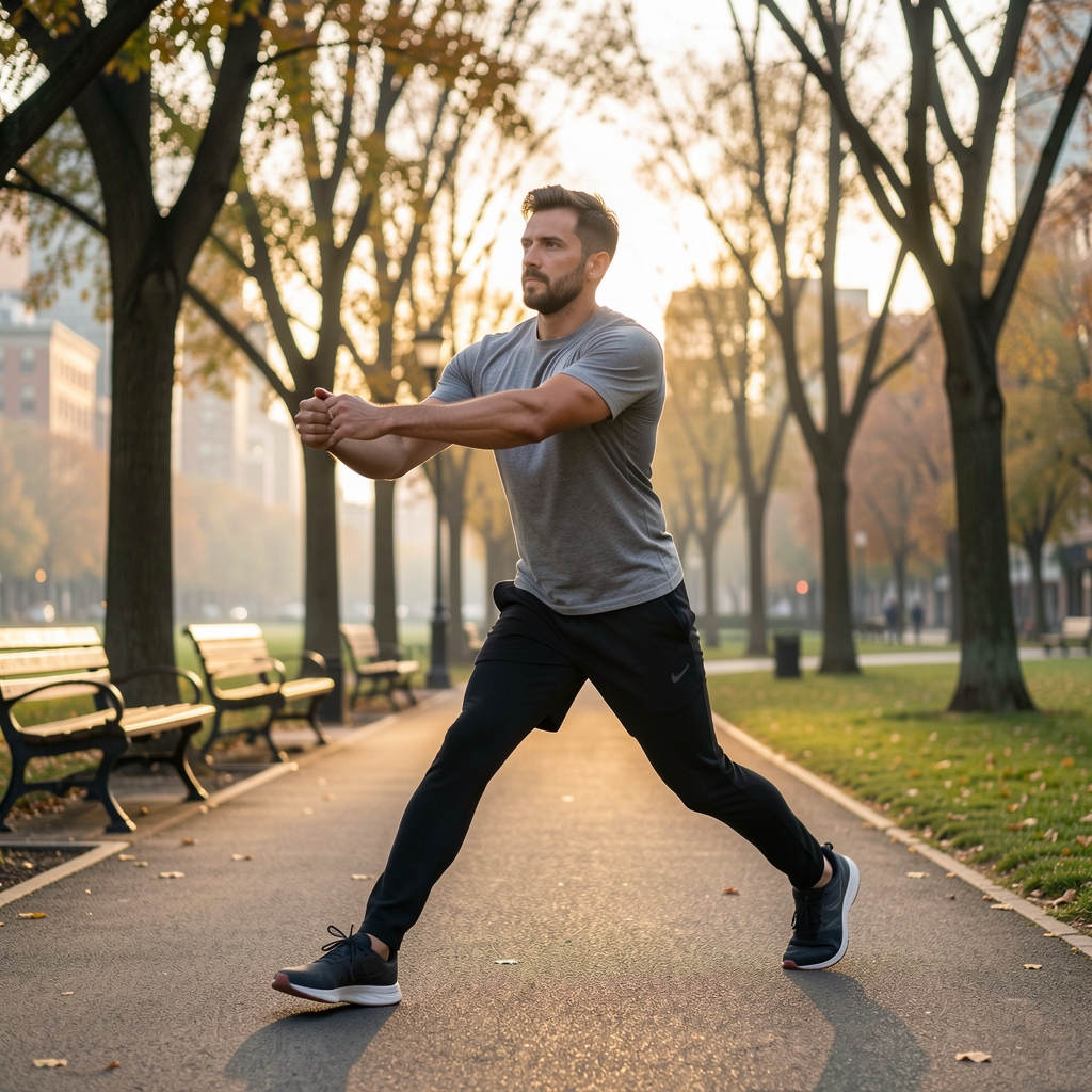 Outdoor movement scene, urban park, early morning editorial, man stretching before run