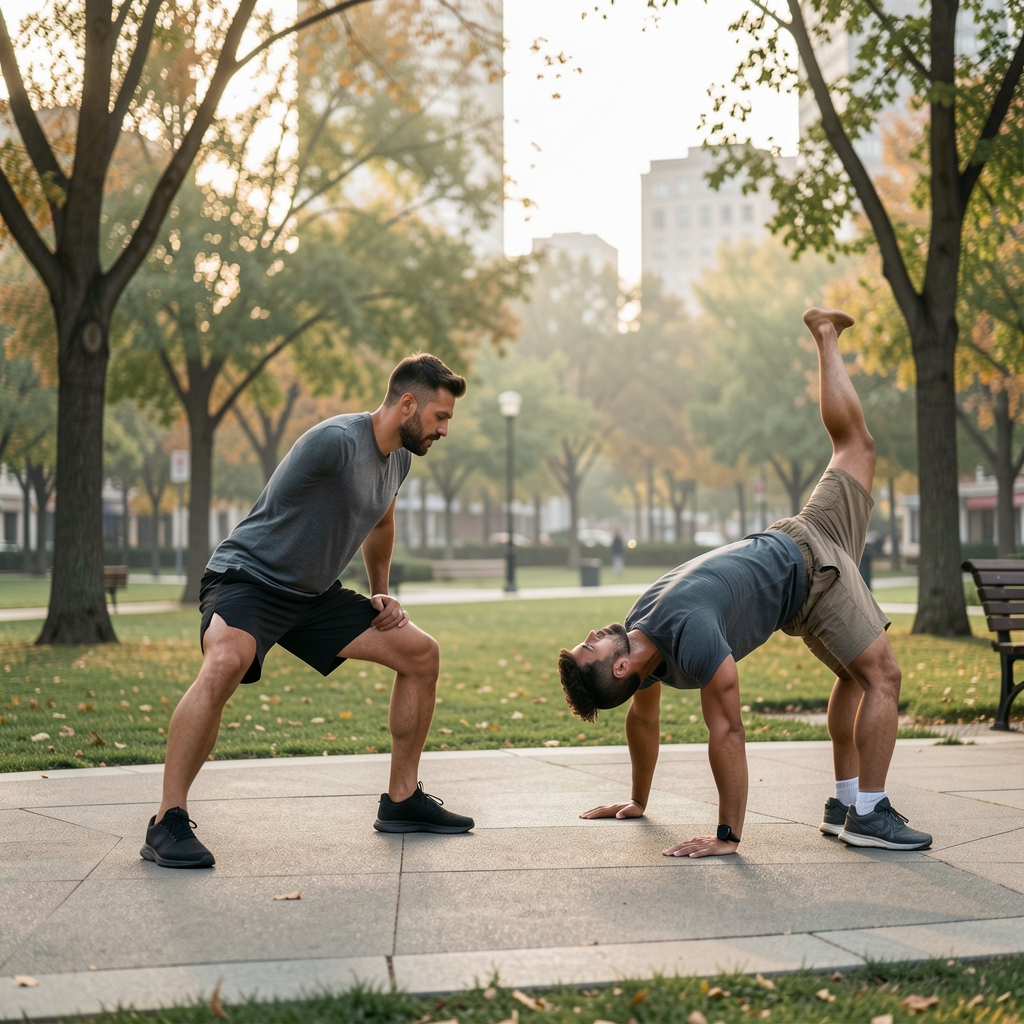 Two men performing outdoor bodyweight movements in an urban park at early morning, editorial movement photography with soft daylight