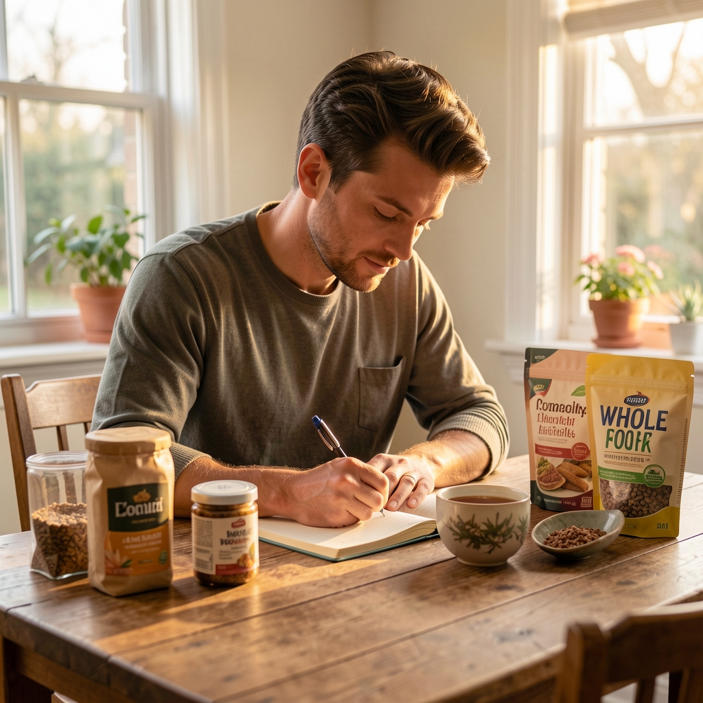 Man journalling at a wooden desk surrounded by whole foods and a cup of herbal tea, warm morning window light, editorial wellness composition