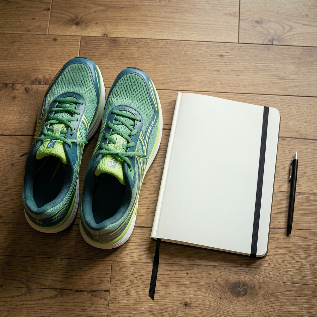 Running shoes beside a notebook on a wooden floor, editorial flat lay, wellness observation journal